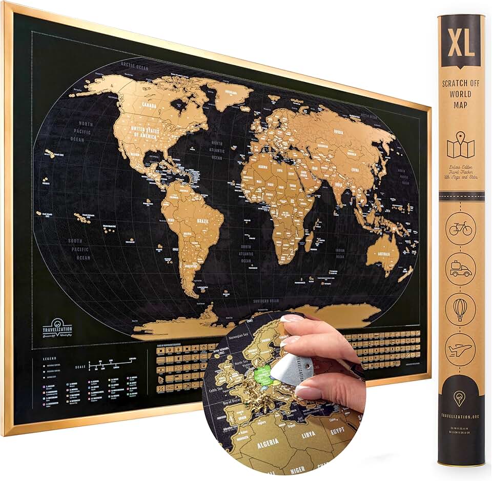 Large scratch-off world map with country flags and vibrant colors