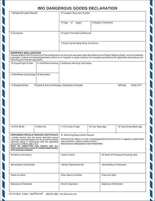 Dangerous Goods Declaration Form, Laser, Pack of 100
