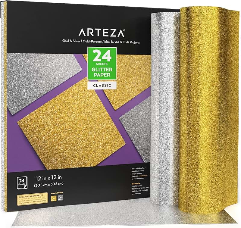 Gold and Silver Glitter Paper, 24 Sheets, 12x12 Inches
