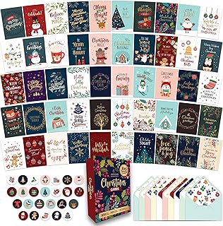 Set of 100 glittery Christmas cards with envelopes and stickers