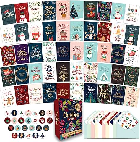 Set of 100 glittery Christmas cards with envelopes and stickers