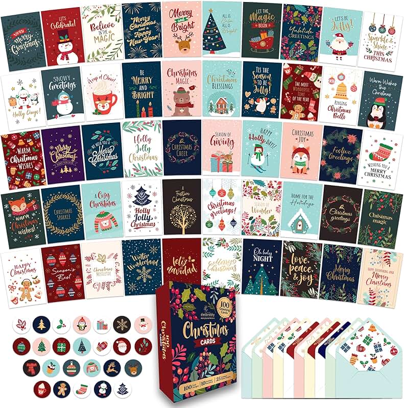 Set of 100 glittery Christmas cards with envelopes and stickers