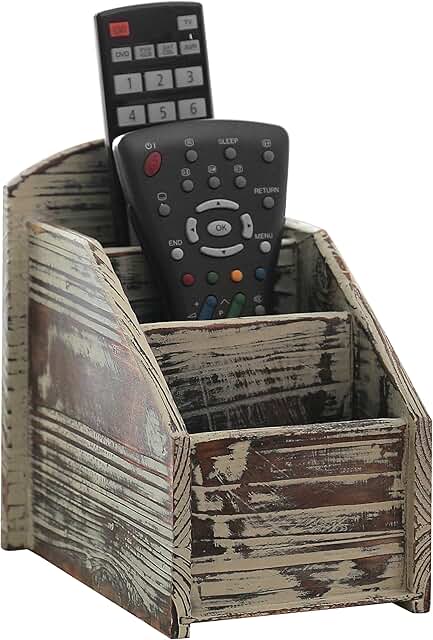Rustic Wood Remote Control Holder with 3 Compartments