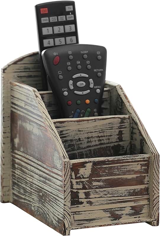 Rustic Wood Remote Control Holder with 3 Compartments