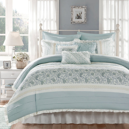 D n 100% Cotton Duvet Set Floral Shabby Chic Design All Season Comforter Cover Bedding, Matching Shams, Percale Light Weight Bed Comforter Covers, Queen(90"x90"), Blue 9 Piece