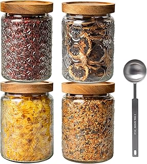 Set of 4 glass storage jars with wood lids