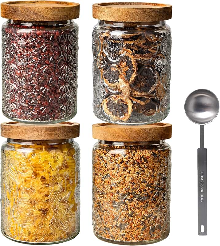 Set of 4 glass storage jars with wood lids
