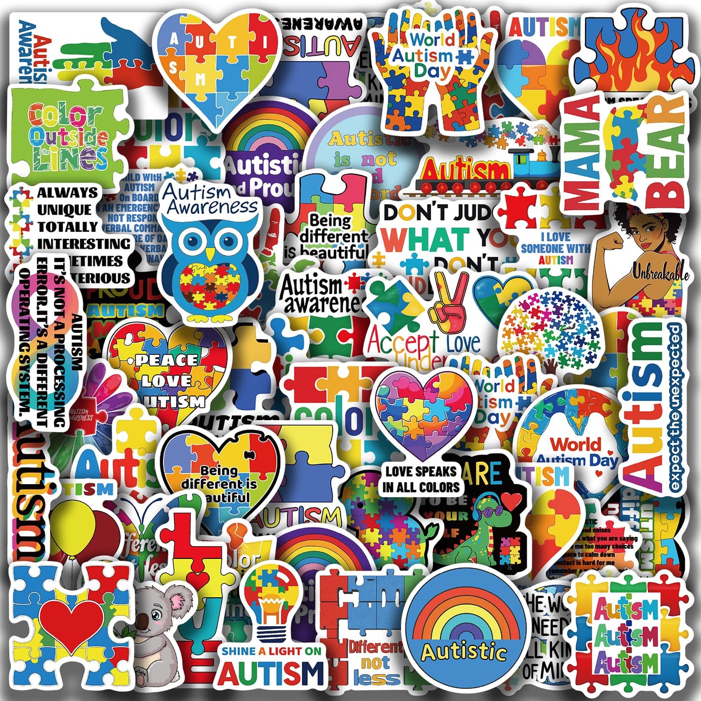 50 Autism Awareness Motivational Vinyl Stickers Pack