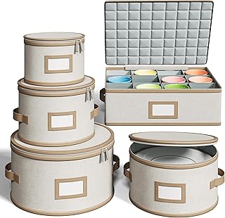 Set of five beige hard shell storage containers with quilted dividers