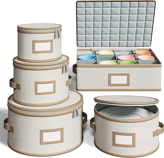 Set of five beige hard shell storage containers with quilted dividers