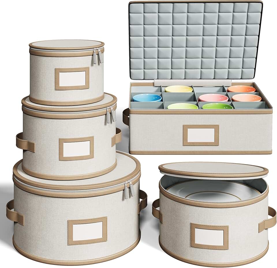 Set of five beige hard shell storage containers with quilted dividers