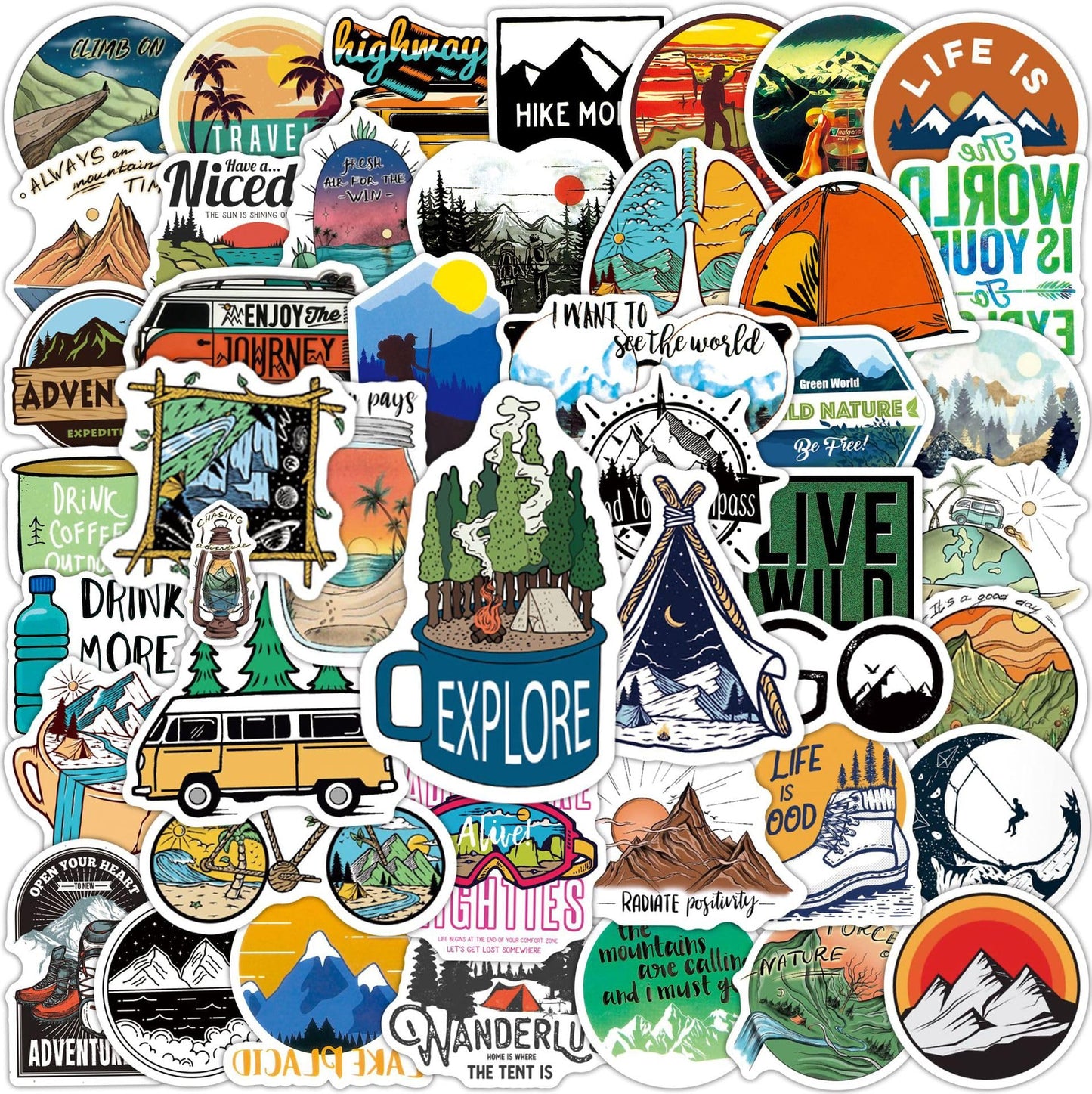 Outdoor Camping Hiking Adventure Stickers, 100 Waterproof Vinyl Decals