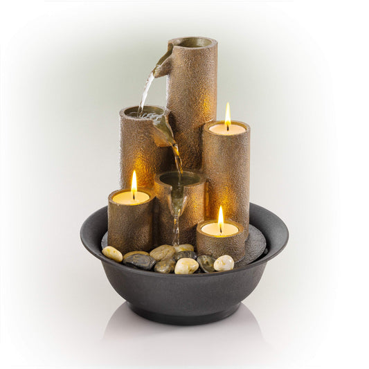 Tiered Column Tabletop Fountain with 3 Candles, Mini Waterfall for Indoor Spaces, Relaxation Water Feature, 11" Tall, Brown