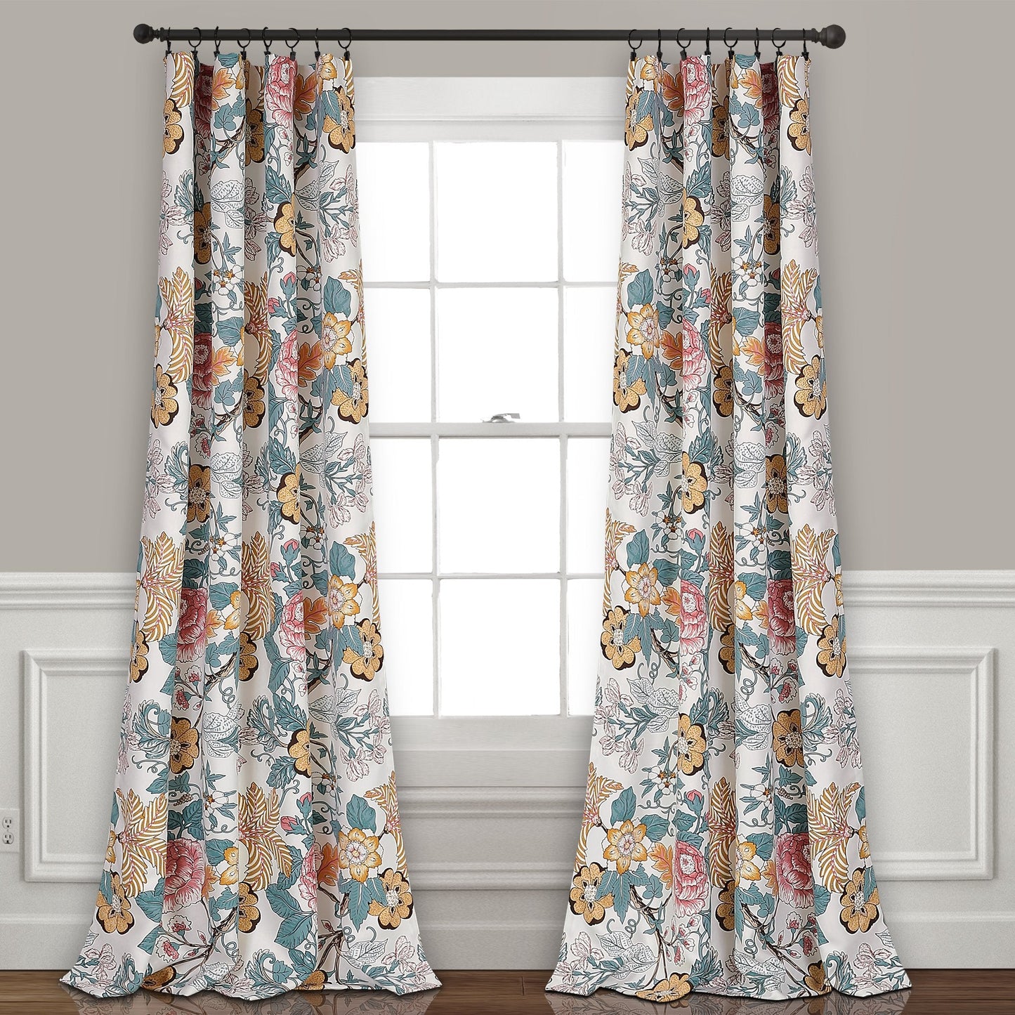 Sydney Curtains  Floral Garden Room Darkening Window Panel Set for Living, Dining, Bedroom Pair), 95 x 52, Blue and Yellow, L, Blue  Yellow