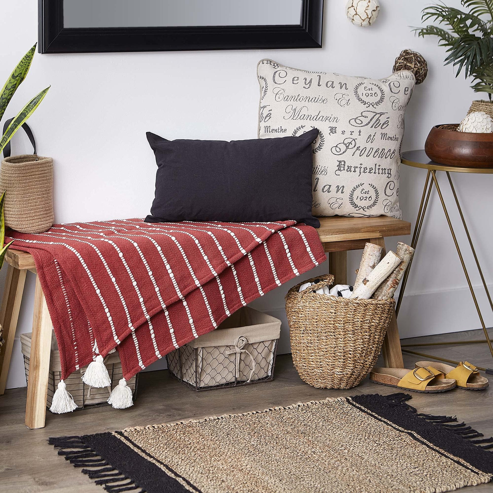 Striped Throw Cotton Slub, Hand-Tied Tels, 50x60, Clay  Off-White