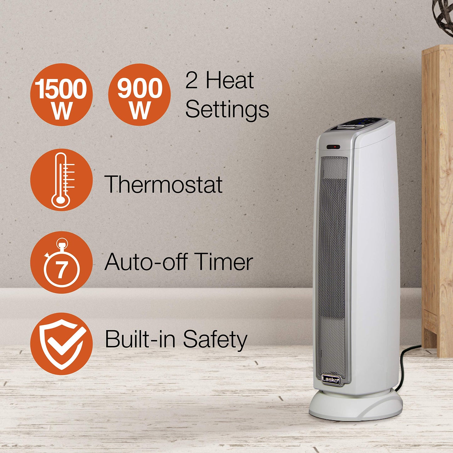Oscillating Ceramic Tower Space Heater for Home with Overheat Protection, Timer, 22.5 Inches, Silver, 1500W, 5775