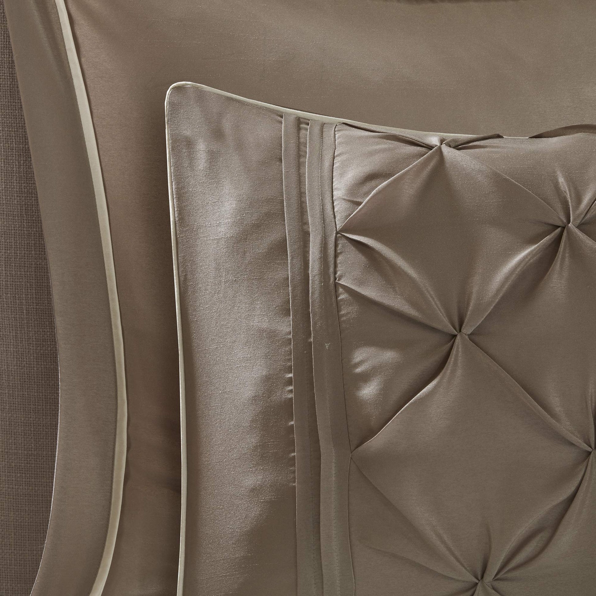 Essentials Room in a Bag Faux Silk Comforter Set  Luxe Diamond Tufting All Season Bedding, Matching Curtains, Decorative Pillows, Taupe Queen(90"x90") 24 Piece