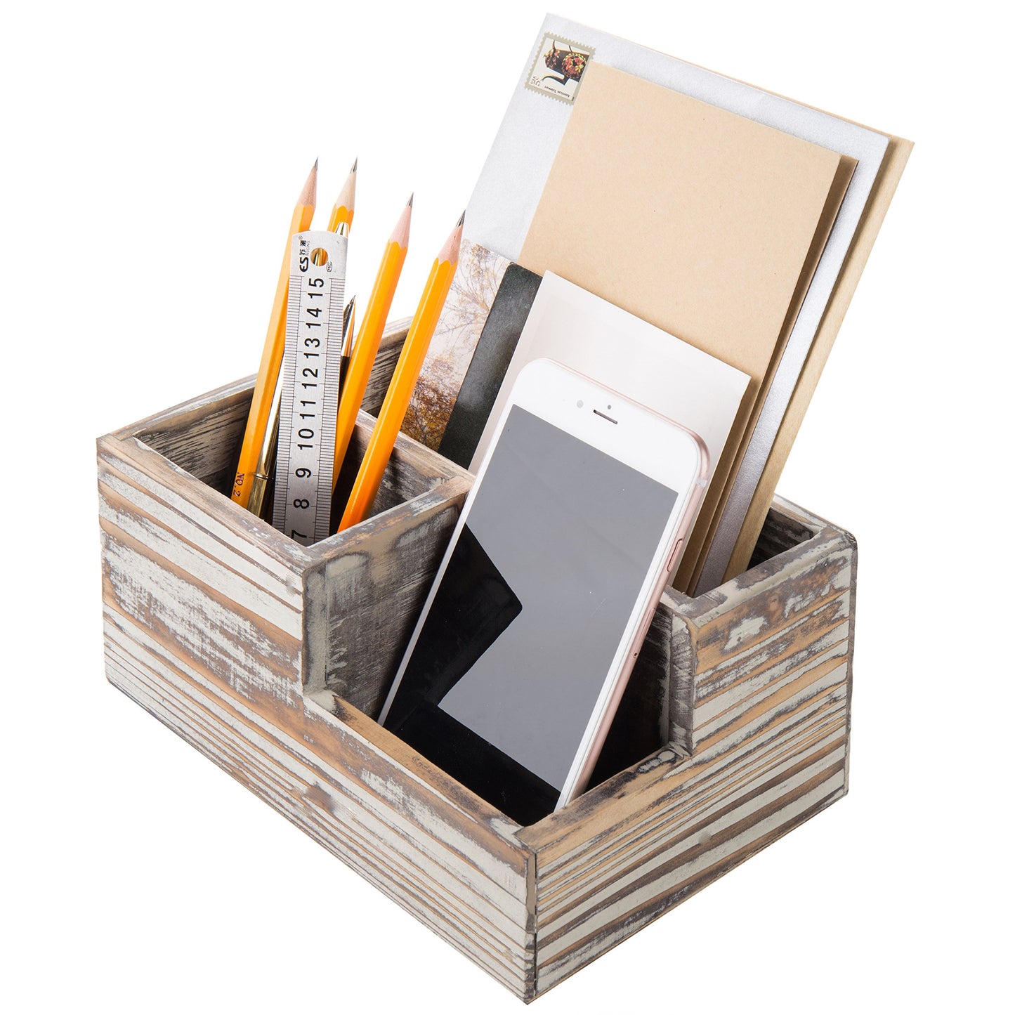 Wooden TV remote and stationery organizer with three compartments
