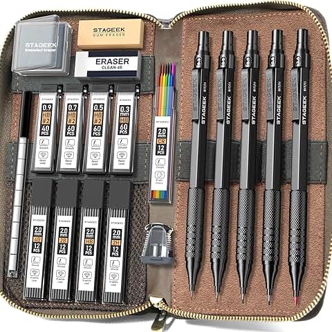 Set of 5 Metal Mechanical Pencils with Leather Case