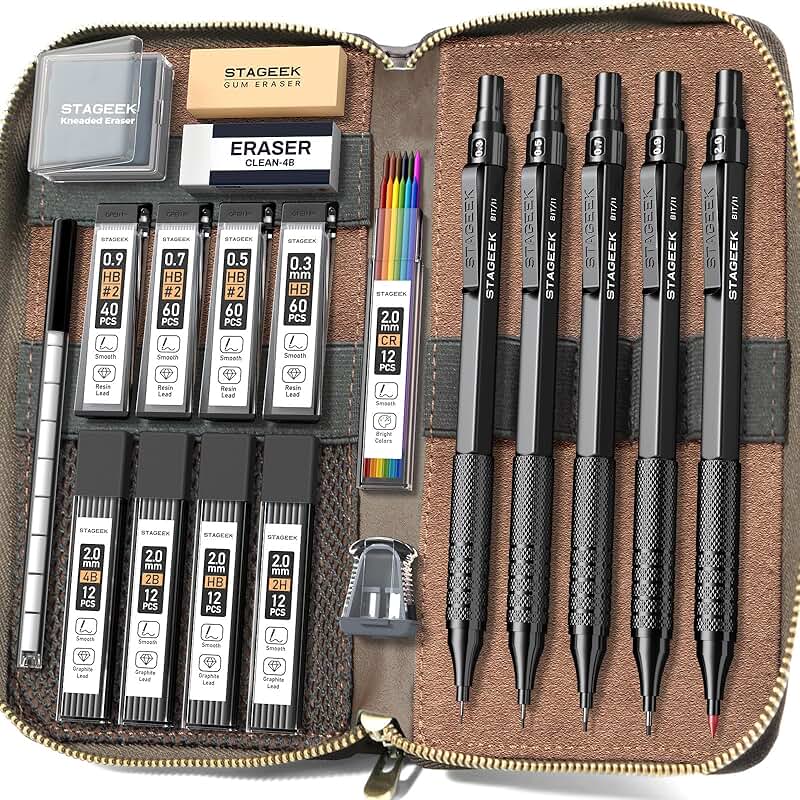 Set of 5 Metal Mechanical Pencils with Leather Case
