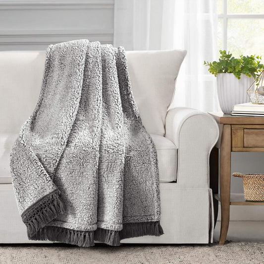 Sherpa Tel Fringe Throw Blanket, 60" x 50", Gray