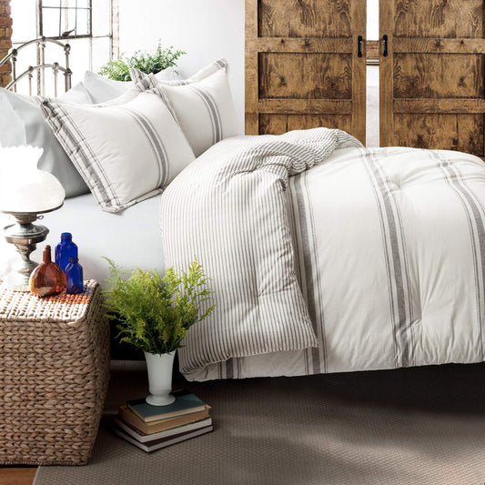 Gray Comforter Farmhouse Stripe 3 Piece Reversible Bedding Set, King