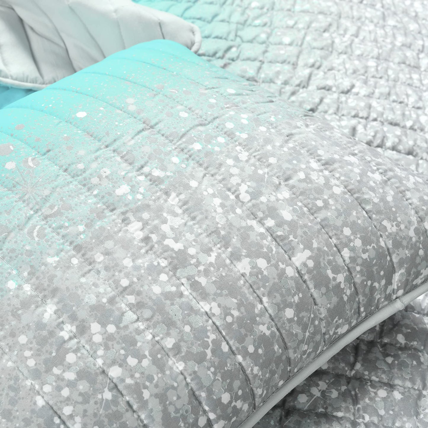 Glitter Ombre Metallic Print 3 Piece Comforter Set, Twin, Aqua & Gray