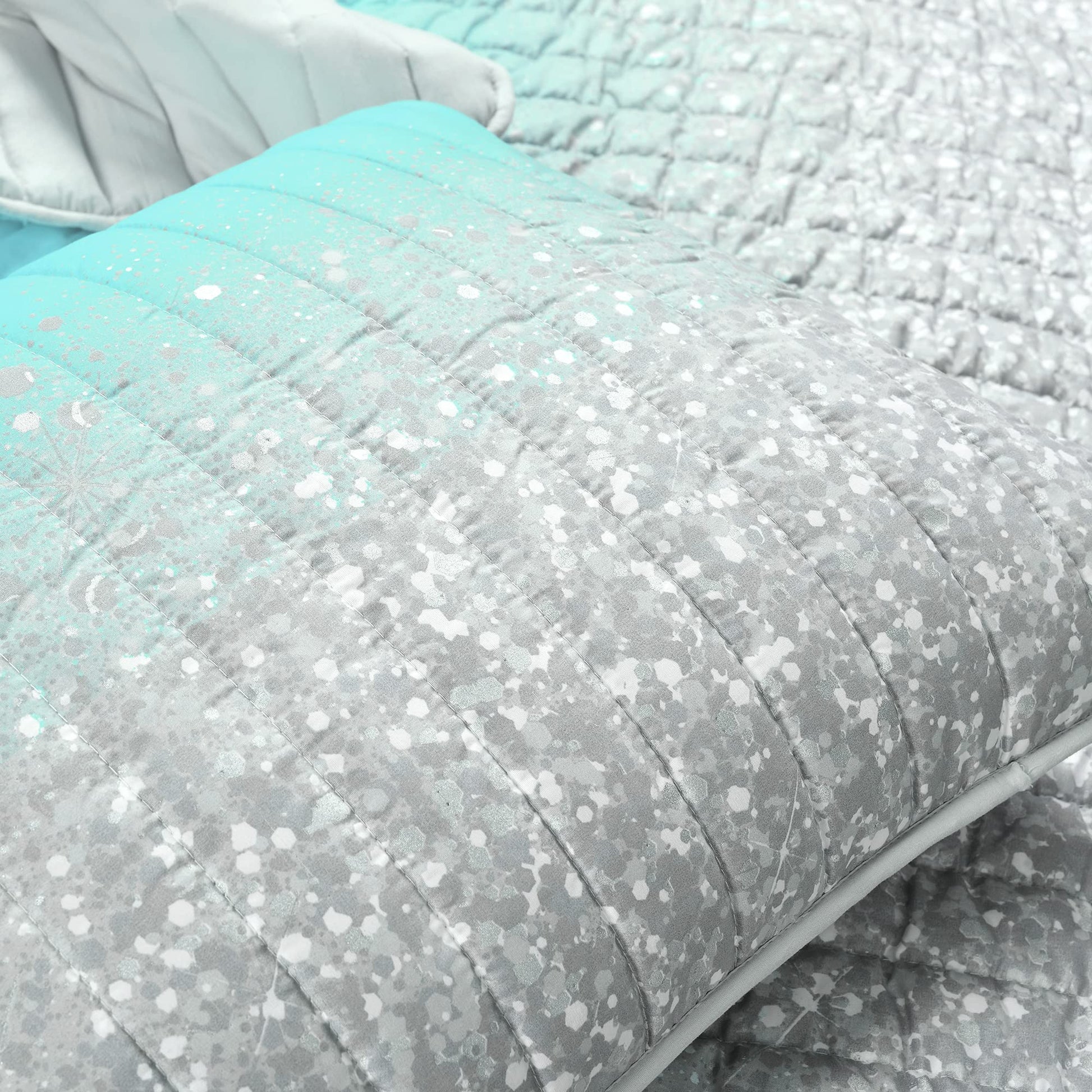 Glitter Ombre Metallic Print 3 Piece Comforter Set, Twin, Aqua & Gray