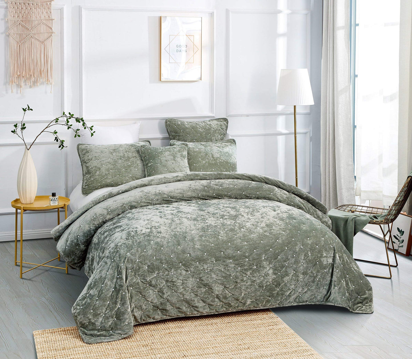 Velvet Dreams Luxurious Velveteen Velour Super Soft Plush Warm Cozy Diamond Tufted Polka Dot Quilted Coverlet Light Pastel Green Bedspread Set, California King
