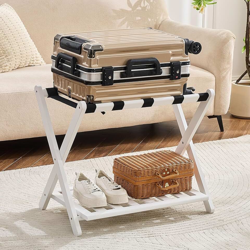 Foldable Bamboo Luggage Rack with Storage Shelf