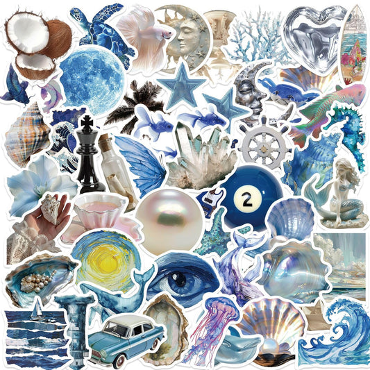 50 Waterproof Silver Blue Ocean Beach Stickers