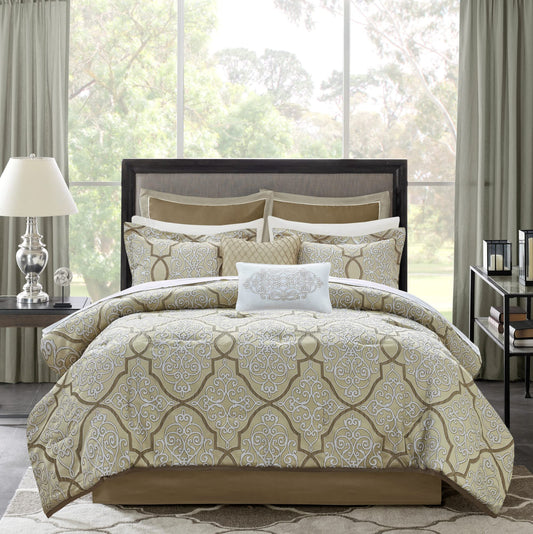LaVine Cozy Bed in a Bag Comforter, Traditional Luxe Jacquard Design All Season Down Alternative Cover with Complete Sheet Set, King, Gold 12 Piece