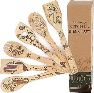 Six Wooden Bamboo Spoons Set for Cooking and Decor