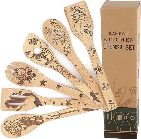 Six Wooden Bamboo Spoons Set for Cooking and Decor