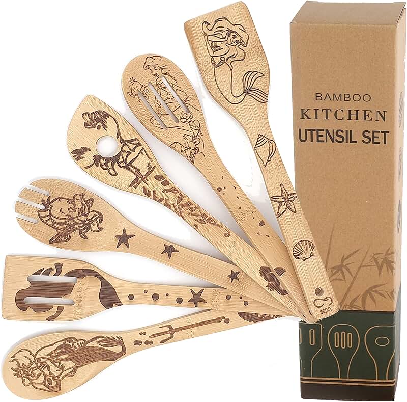 Six Wooden Bamboo Spoons Set for Cooking and Decor