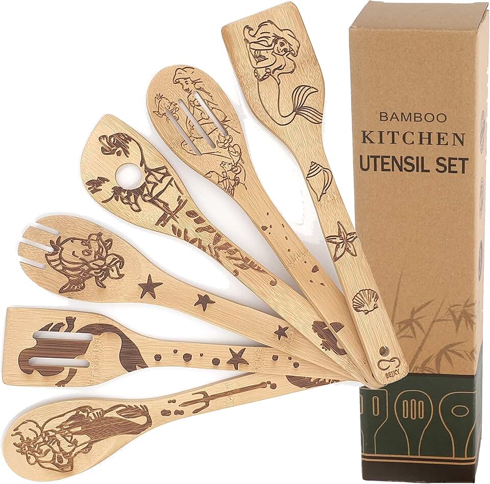 Six Wooden Bamboo Spoons Set for Cooking and Decor