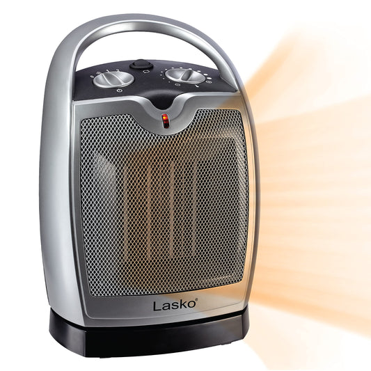Oscillating Ceramic Tabletop Space Heater for Home with Adjustable Thermostat, Carrying Handle and 2 Speeds, 11.6 Inches, Silver, 5409