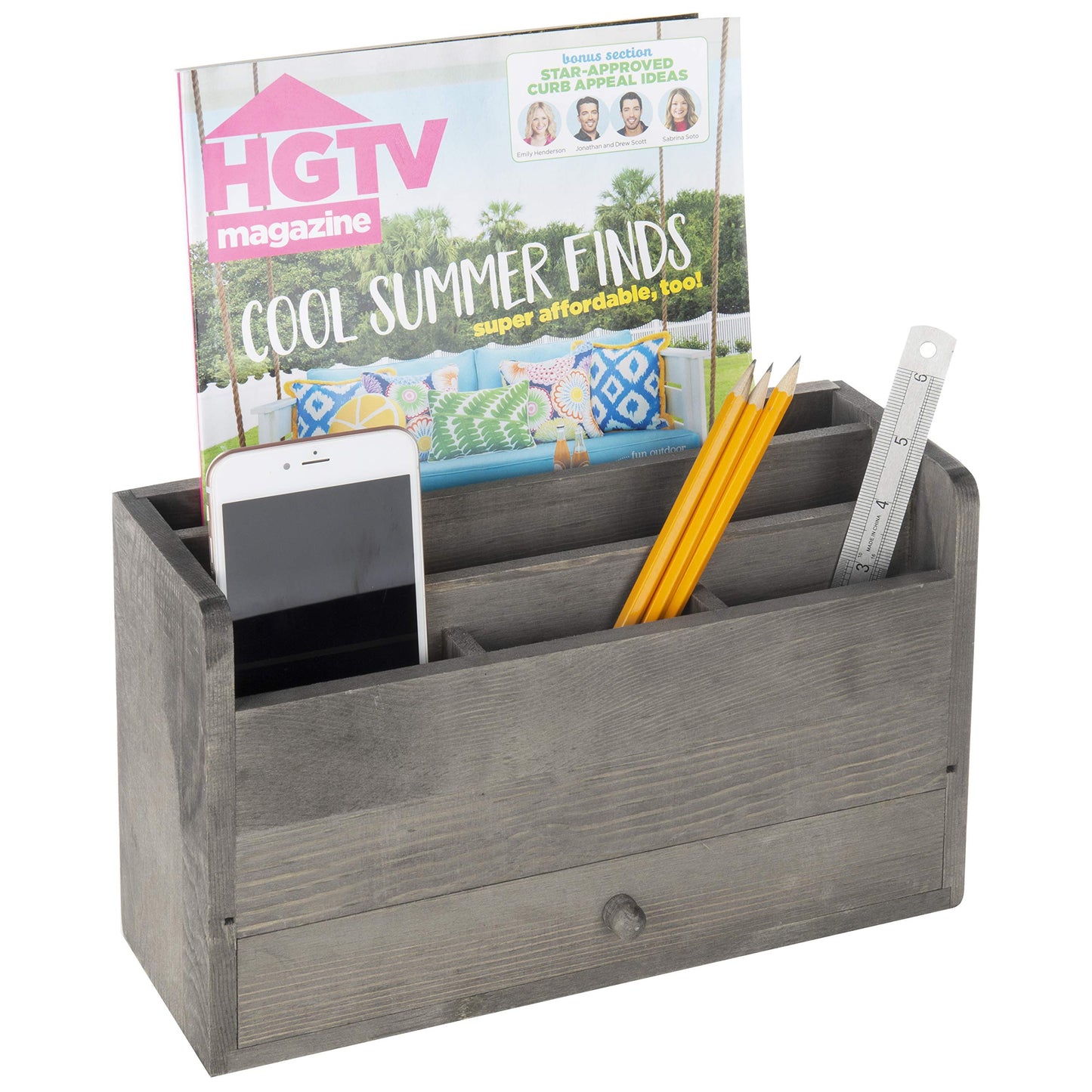 Rustic Gray Wooden Desk Organizer with 5 Slots and Drawer