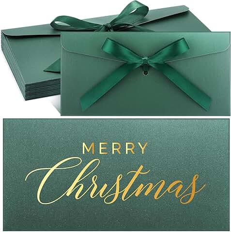 Set of 12 Metallic Green Christmas Cash Envelopes with Bows