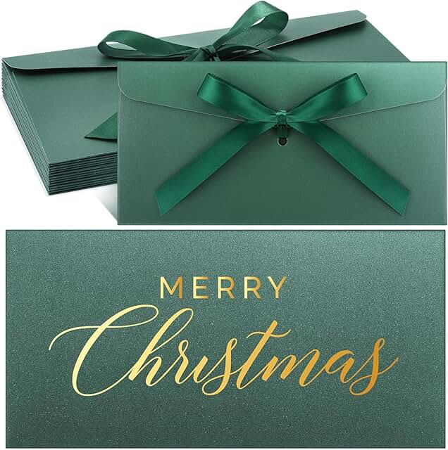 Set of 12 Metallic Green Christmas Cash Envelopes with Bows