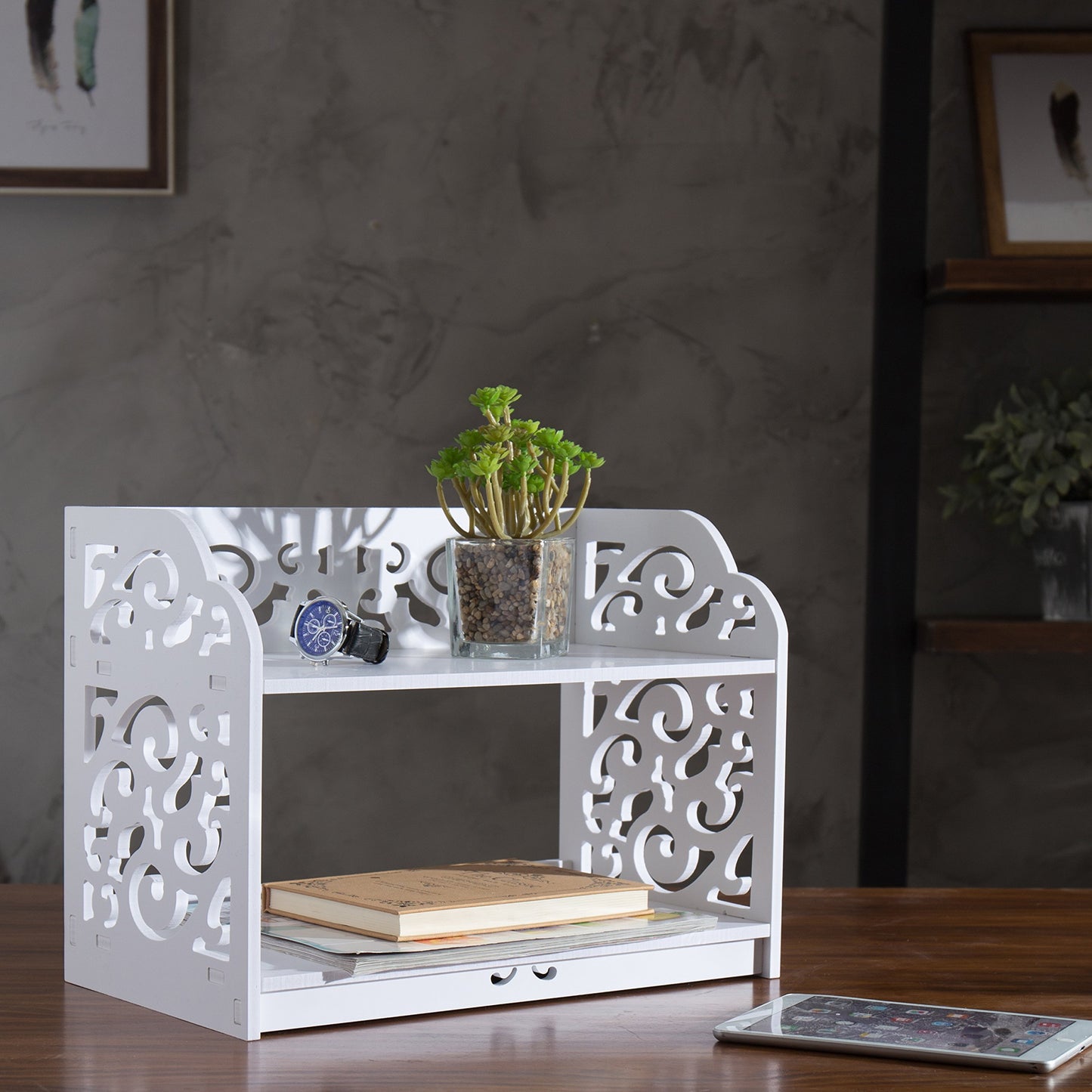 Two-Tier White Desktop Bookshelf Organizer