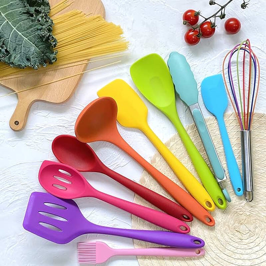 Silicone Cooking Utensil Set with Wooden Handles