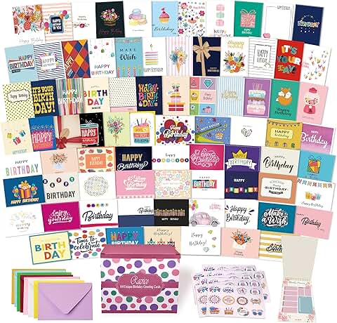 Set of 80 assorted birthday cards with envelopes and stickers