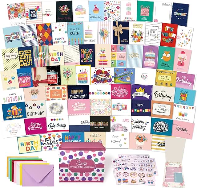 Set of 80 assorted birthday cards with envelopes and stickers