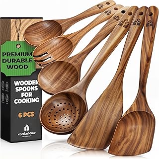 Set of 6 Wooden Cooking Spoons with Comfortable Grip