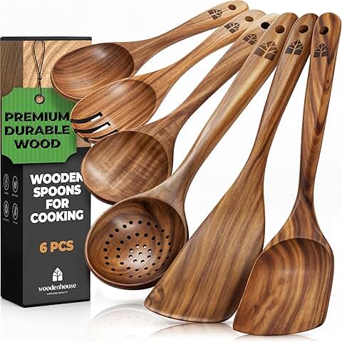 Set of 6 Wooden Cooking Spoons with Comfortable Grip