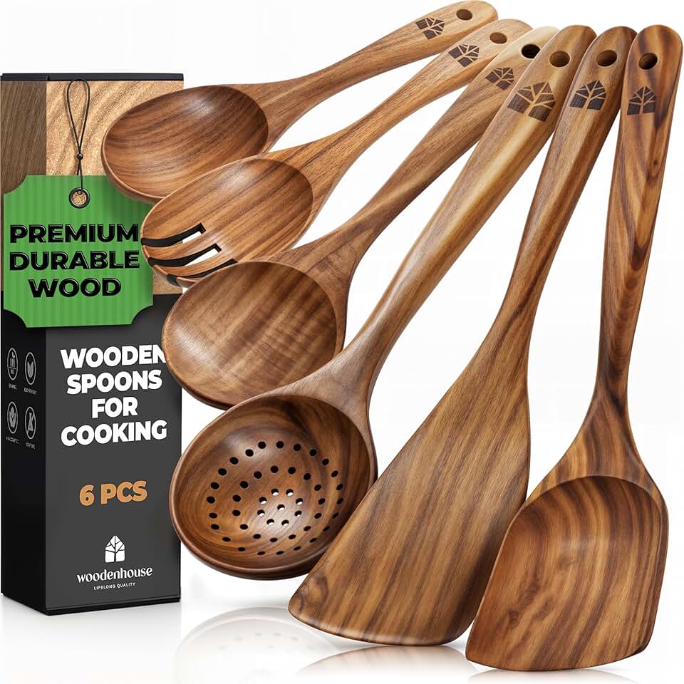Set of 6 Wooden Cooking Spoons with Comfortable Grip