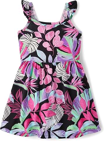 Casual Sleeveless Dress for Baby Girl, Black Tropical, 4 Years
