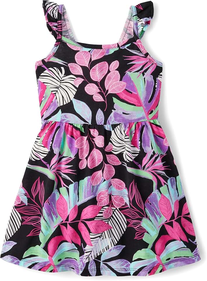 Casual Sleeveless Dress for Baby Girl, Black Tropical, 4 Years