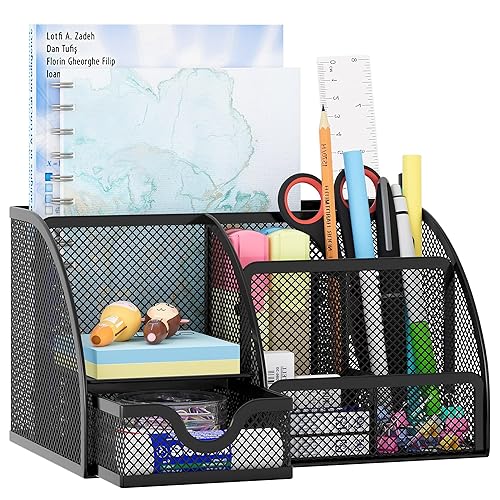 Mesh desk organizer with drawer and six compartments